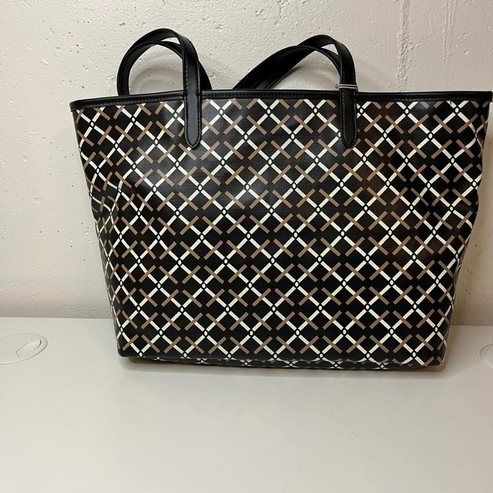Black Patterned Tote Bag with Crosshatch Design